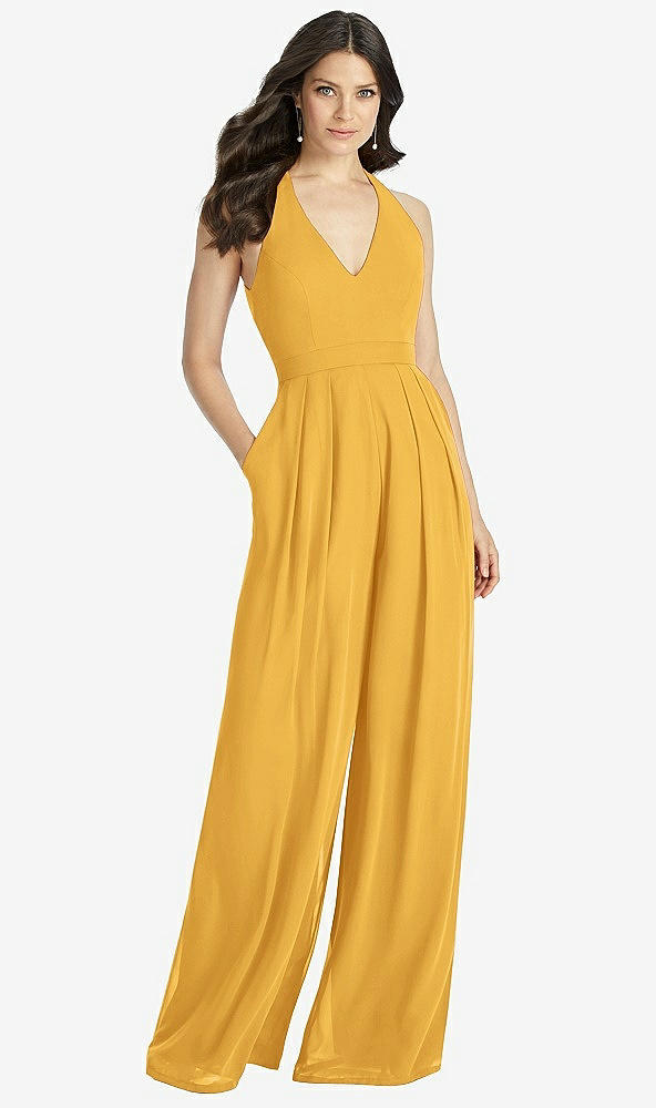 Front View - NYC Yellow V-Neck Backless Pleated Front Jumpsuit