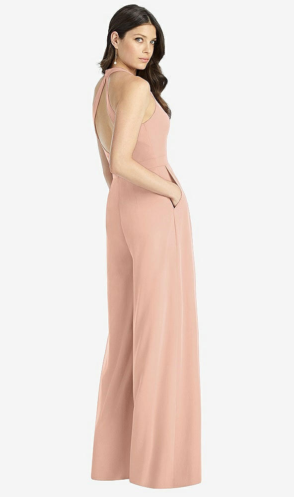 Back View - Pale Peach V-Neck Backless Pleated Front Jumpsuit