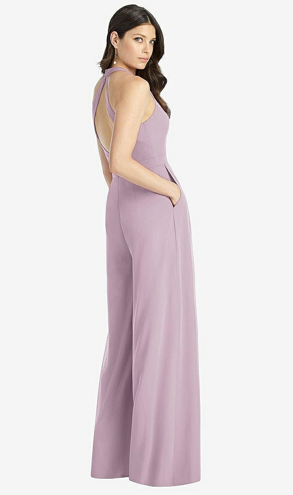 Back View - Suede Rose V-Neck Backless Pleated Front Jumpsuit