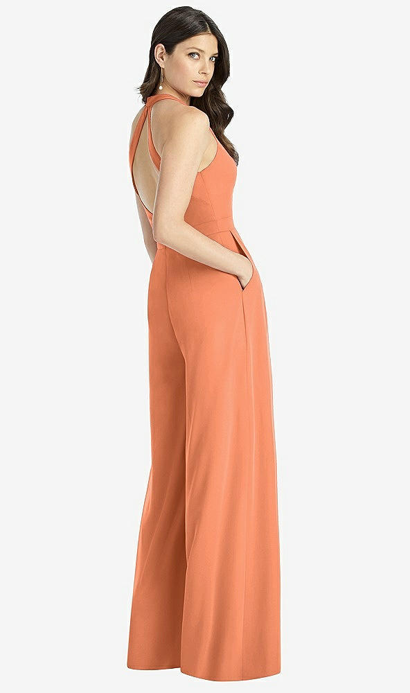 Back View - Sweet Melon V-Neck Backless Pleated Front Jumpsuit