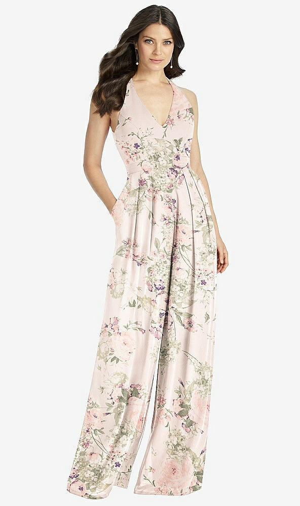 Front View - Blush Garden V-Neck Backless Pleated Front Jumpsuit