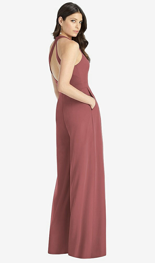 Back View - English Rose V-Neck Backless Pleated Front Jumpsuit