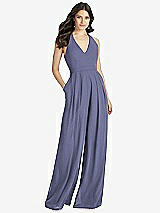 Front View Thumbnail - French Blue V-Neck Backless Pleated Front Jumpsuit