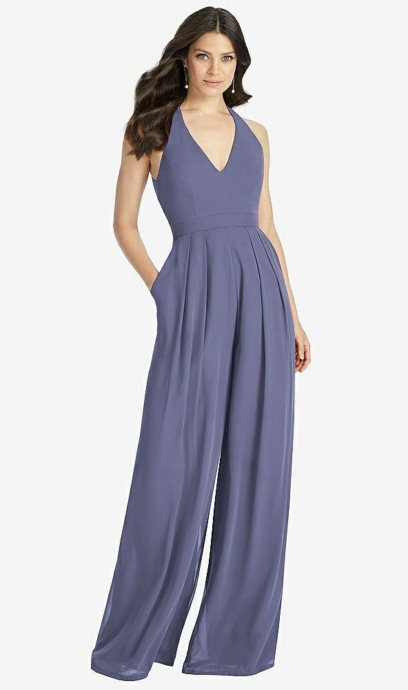 Front View - French Blue V-Neck Backless Pleated Front Jumpsuit