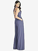 Rear View Thumbnail - French Blue V-Neck Backless Pleated Front Jumpsuit