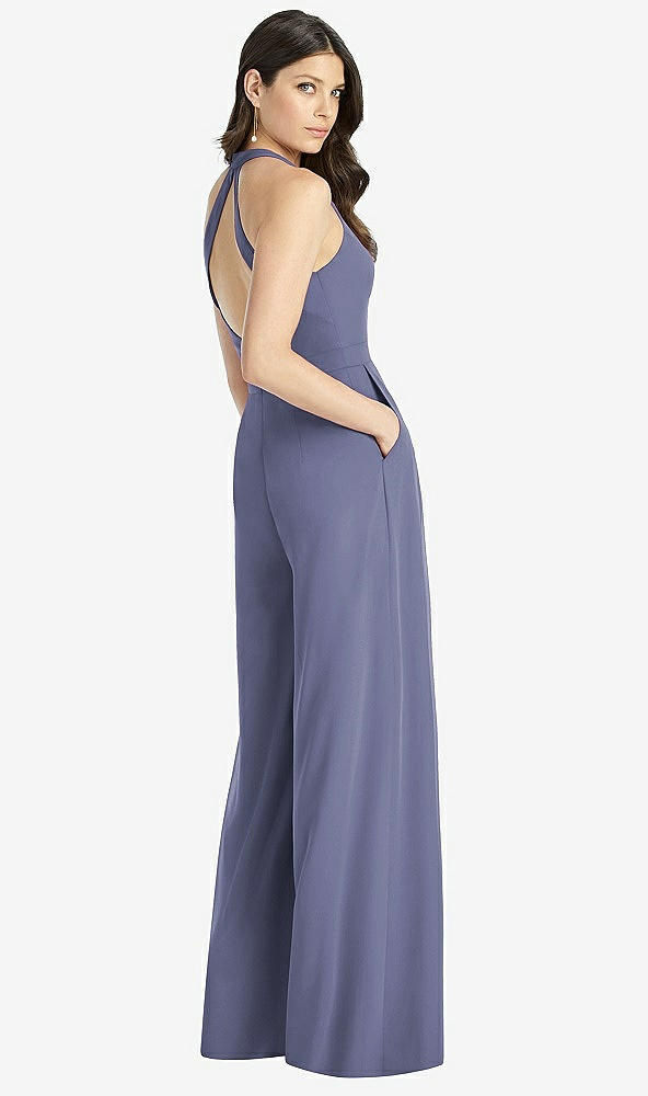 Back View - French Blue V-Neck Backless Pleated Front Jumpsuit