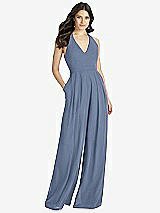 Front View Thumbnail - Larkspur Blue V-Neck Backless Pleated Front Jumpsuit