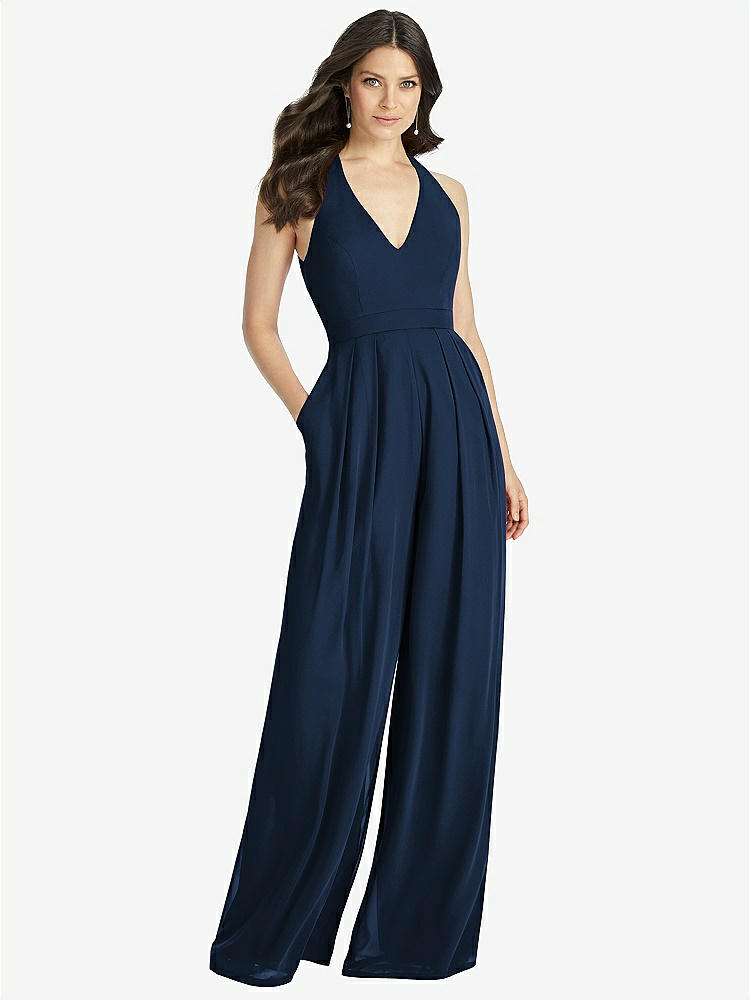 High-neck Open-back Jumpsuit With Scarf Tie In Midnight Navy