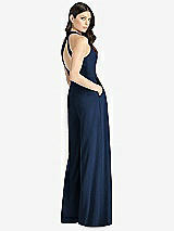 Rear View Thumbnail - Midnight Navy V-Neck Backless Pleated Front Jumpsuit