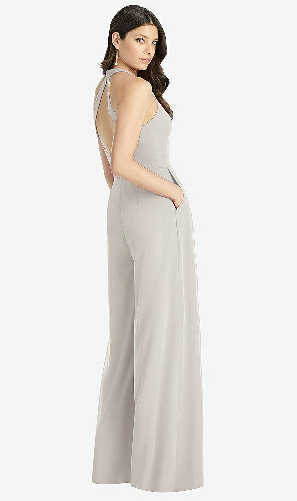 Back View - Oyster V-Neck Backless Pleated Front Jumpsuit