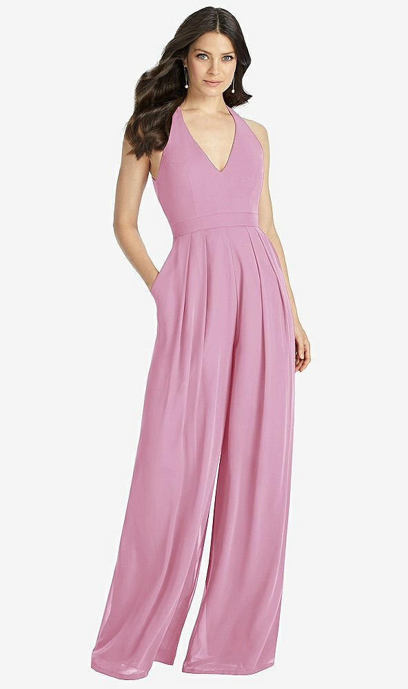 Front View - Powder Pink V-Neck Backless Pleated Front Jumpsuit