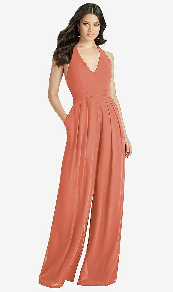 Front View - Terracotta Copper V-Neck Backless Pleated Front Jumpsuit