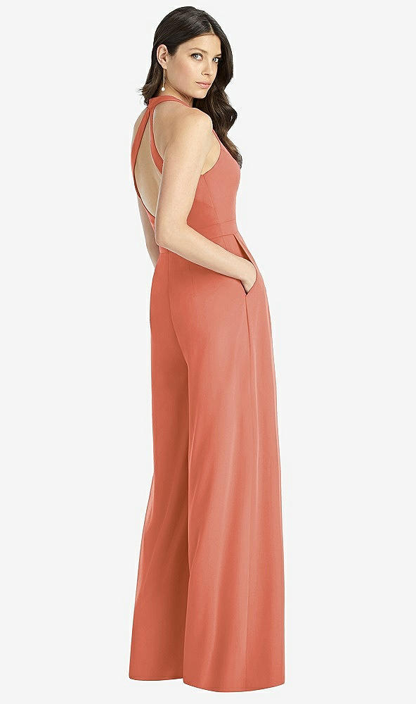 Back View - Terracotta Copper V-Neck Backless Pleated Front Jumpsuit