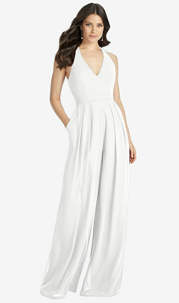 Front View - White V-Neck Backless Pleated Front Jumpsuit