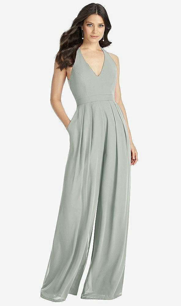 Front View - Willow Green V-Neck Backless Pleated Front Jumpsuit