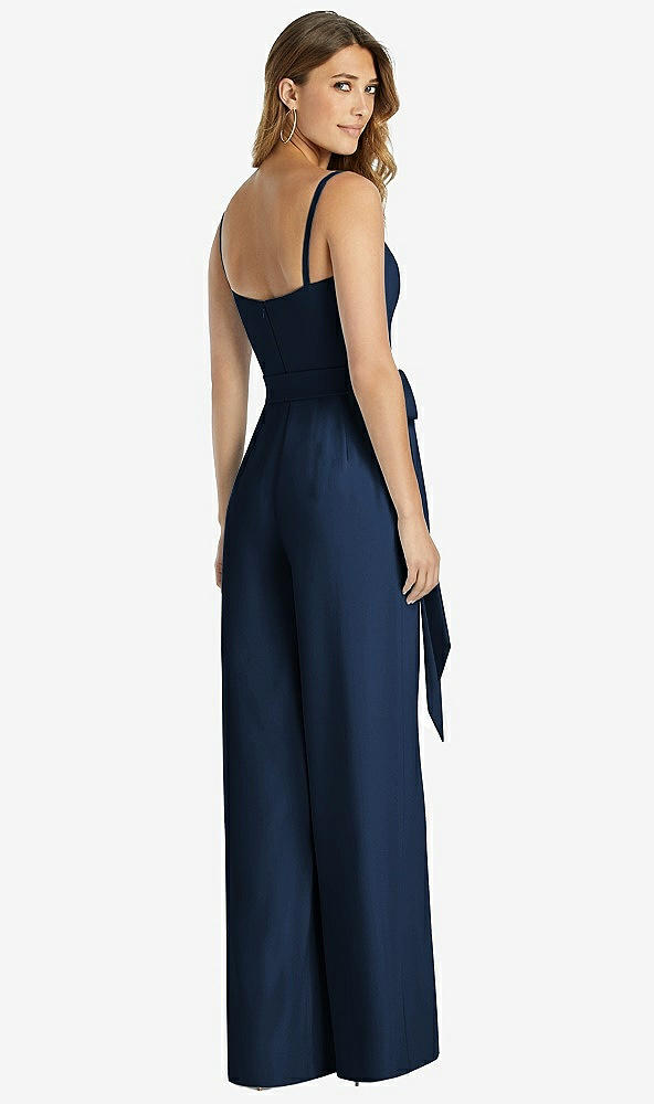Back View - Midnight Navy Spaghetti Strap Crepe Jumpsuit with Sash - Alana 