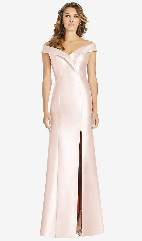 Front View - Blush Off-the-Shoulder Cuff Trumpet Gown with Front Slit