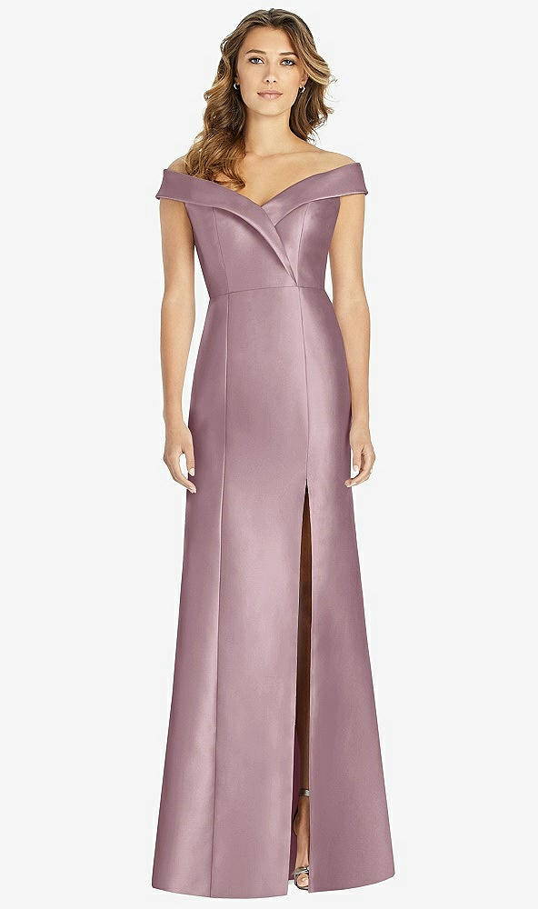 Front View - Dusty Rose Off-the-Shoulder Cuff Trumpet Gown with Front Slit