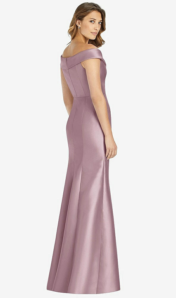 Back View - Dusty Rose Off-the-Shoulder Cuff Trumpet Gown with Front Slit