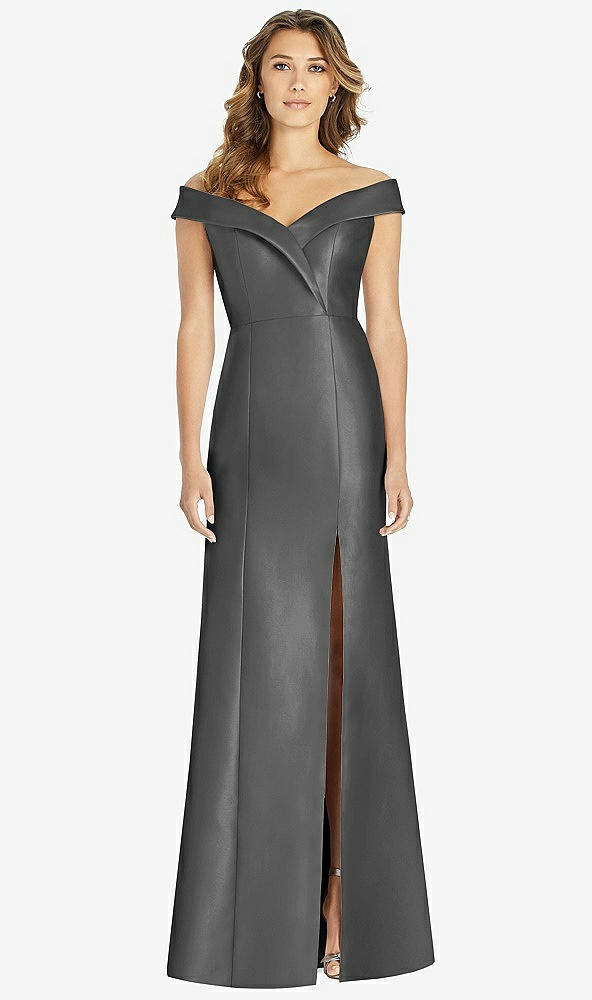 Front View - Gunmetal Off-the-Shoulder Cuff Trumpet Gown with Front Slit