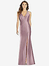 Front View Thumbnail - Dusty Rose V-Neck Halter Satin Trumpet Gown