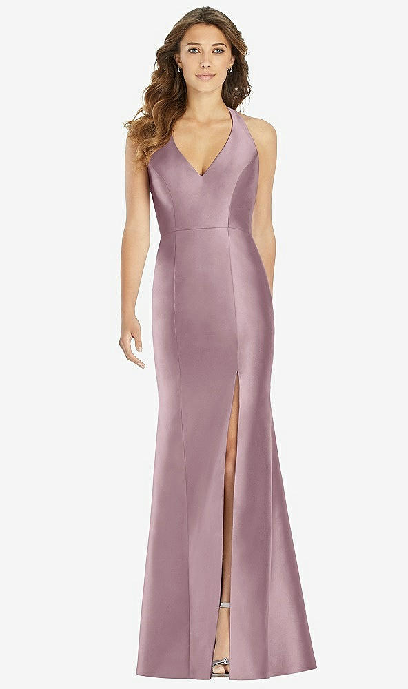 Front View - Dusty Rose V-Neck Halter Satin Trumpet Gown