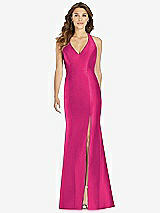 Front View Thumbnail - Think Pink V-Neck Halter Satin Trumpet Gown