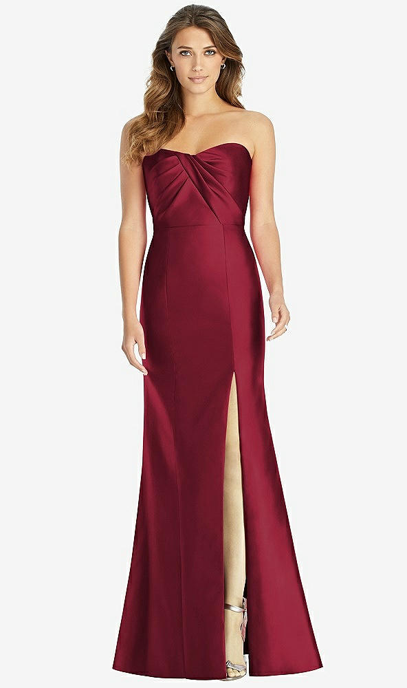 Front View - Burgundy Strapless Draped Bodice Trumpet Gown 
