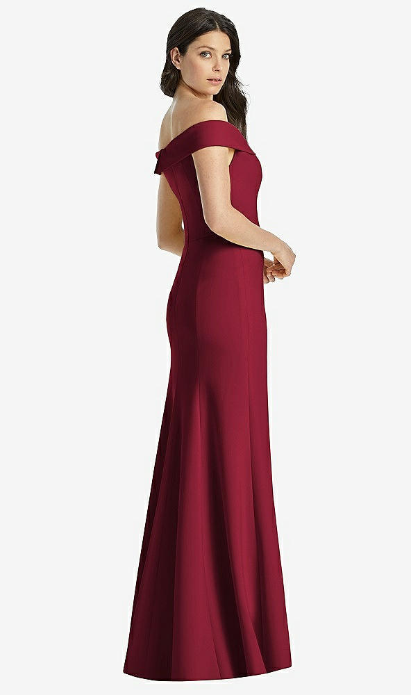 Back View - Burgundy Off-the-Shoulder Notch Trumpet Gown with Front Slit