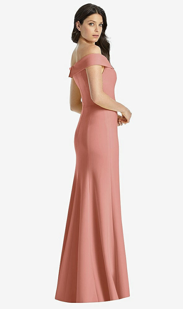 Back View - Desert Rose Off-the-Shoulder Notch Trumpet Gown with Front Slit