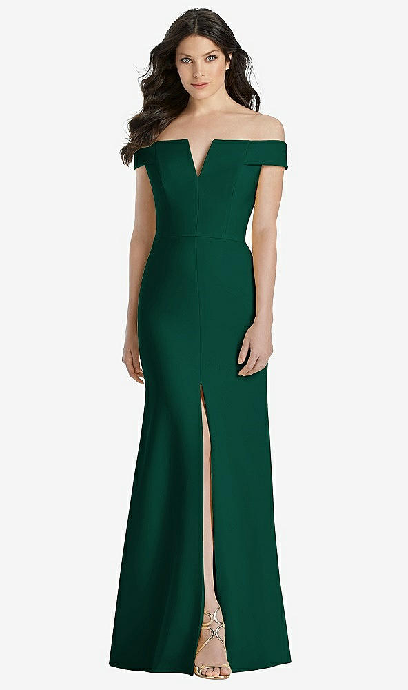 Front View - Hunter Green Off-the-Shoulder Notch Trumpet Gown with Front Slit
