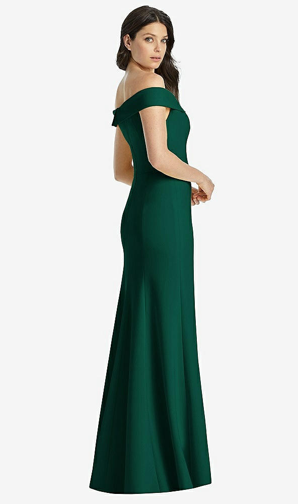 Back View - Hunter Green Off-the-Shoulder Notch Trumpet Gown with Front Slit