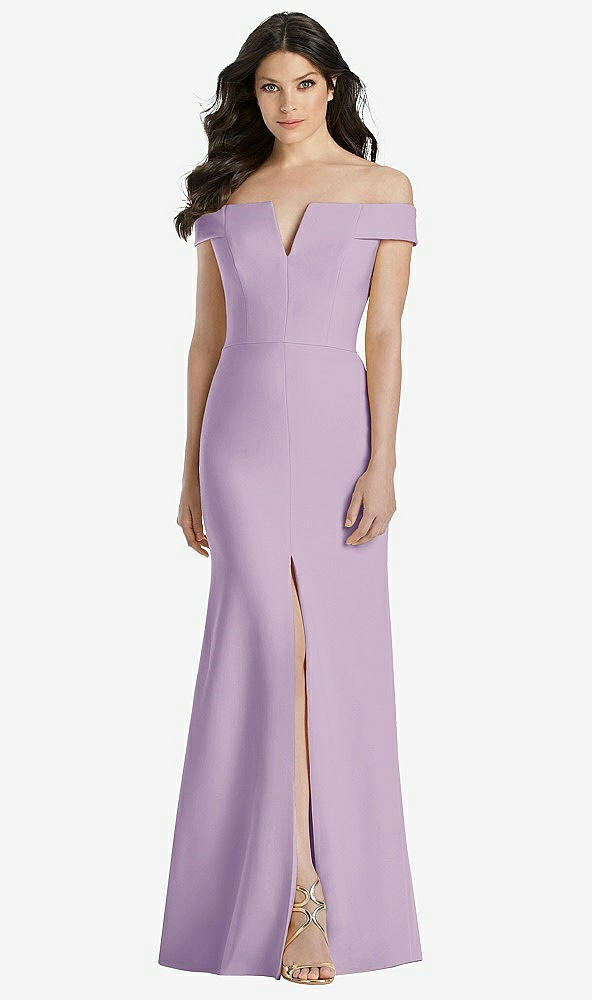 Front View - Pale Purple Off-the-Shoulder Notch Trumpet Gown with Front Slit