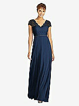 Front View Thumbnail - Midnight Navy & Midnight Navy Cap Sleeve Illusion-Back Lace and Chiffon Dress