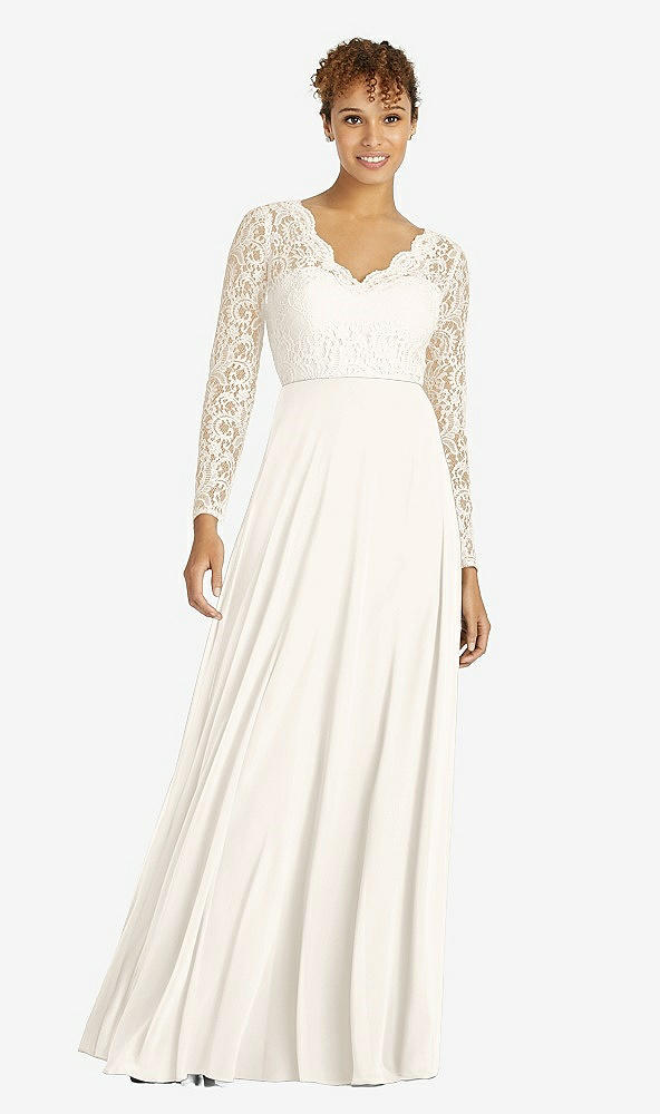 Front View - Ivory & Ivory Long Sleeve Illusion-Back Lace and Chiffon Dress