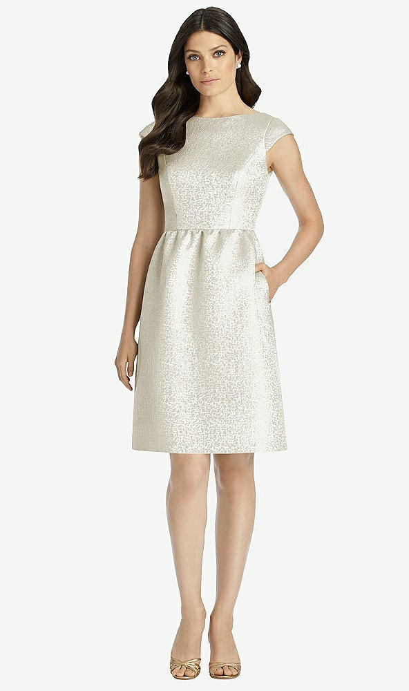 Front View - Ivory Gold Full Midi Natural Waist Cap Sleeve Dress