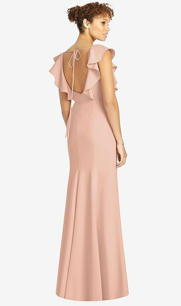 Back View - Pale Peach Ruffle Cap Sleeve Open-back Trumpet Gown
