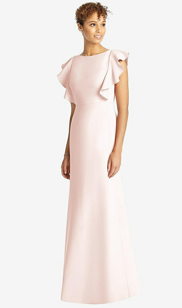 Front View - Blush Ruffle Cap Sleeve Open-back Trumpet Gown