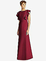 Front View Thumbnail - Burgundy Ruffle Cap Sleeve Open-back Trumpet Gown