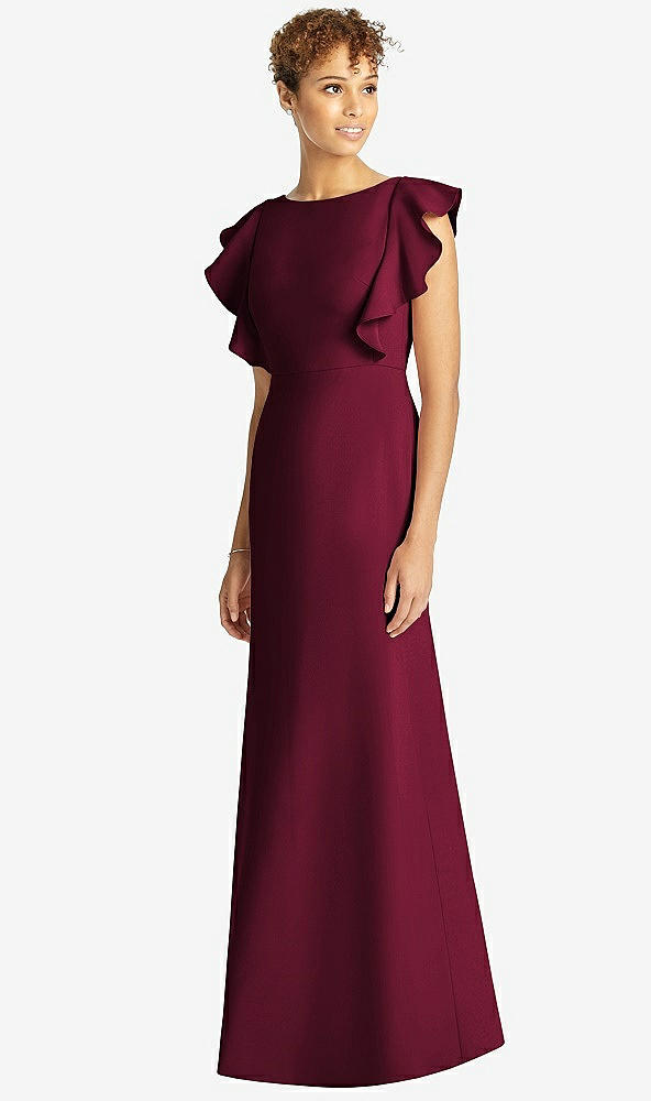 Front View - Cabernet Ruffle Cap Sleeve Open-back Trumpet Gown