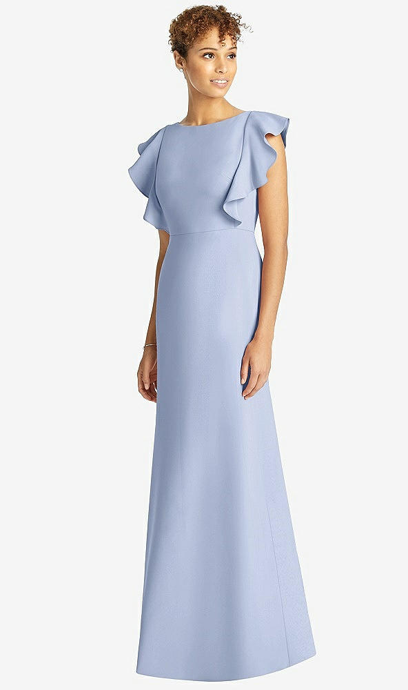 Front View - Sky Blue Ruffle Cap Sleeve Open-back Trumpet Gown