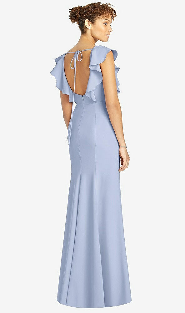 Back View - Sky Blue Ruffle Cap Sleeve Open-back Trumpet Gown