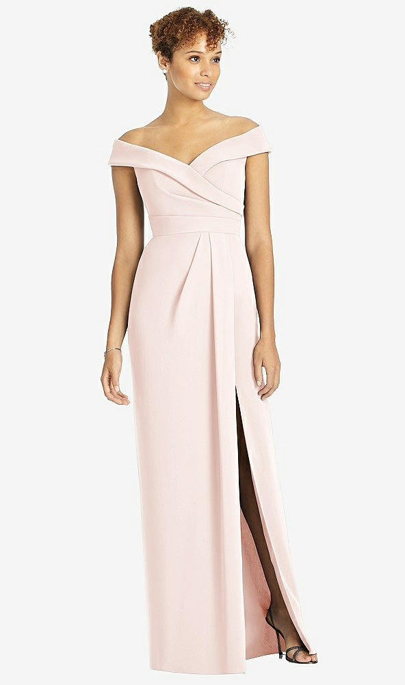 Front View - Blush Cuffed Off-the-Shoulder Faux Wrap Maxi Dress with Front Slit