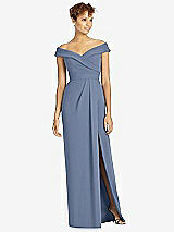 Front View Thumbnail - Larkspur Blue Cuffed Off-the-Shoulder Faux Wrap Maxi Dress with Front Slit