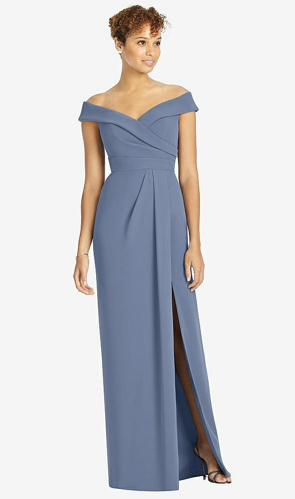 Front View - Larkspur Blue Cuffed Off-the-Shoulder Faux Wrap Maxi Dress with Front Slit