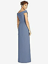 Rear View Thumbnail - Larkspur Blue Cuffed Off-the-Shoulder Faux Wrap Maxi Dress with Front Slit
