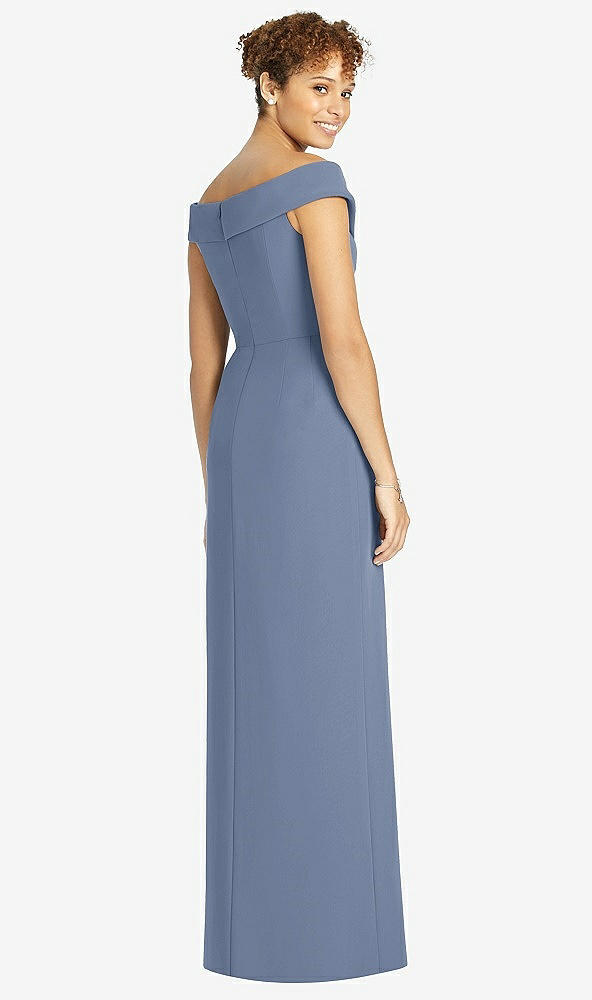 Back View - Larkspur Blue Cuffed Off-the-Shoulder Faux Wrap Maxi Dress with Front Slit