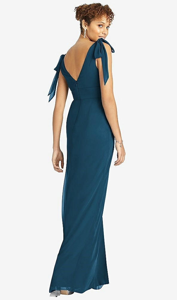 Back View - Atlantic Blue Bow-Shoulder Sleeveless Deep V-Back Mermaid Dress