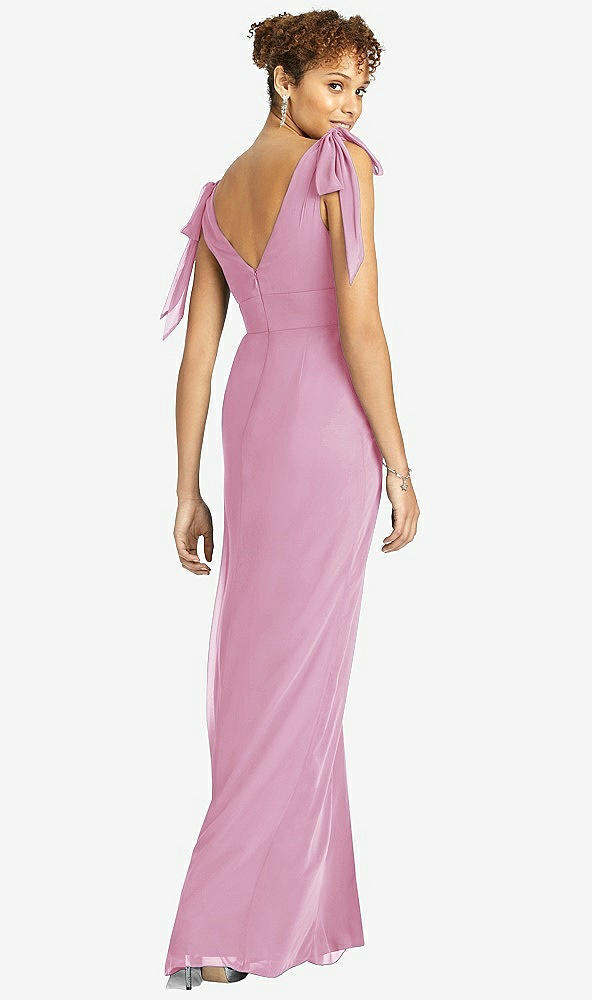 Back View - Powder Pink Bow-Shoulder Sleeveless Deep V-Back Mermaid Dress