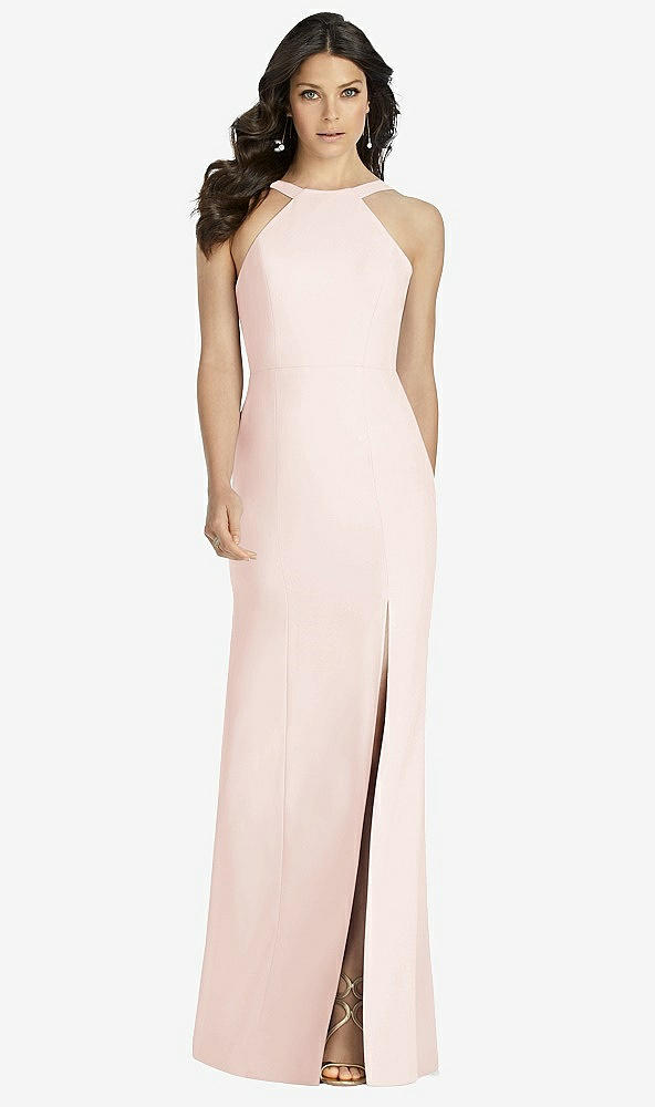 Front View - Blush High-Neck Backless Crepe Trumpet Gown